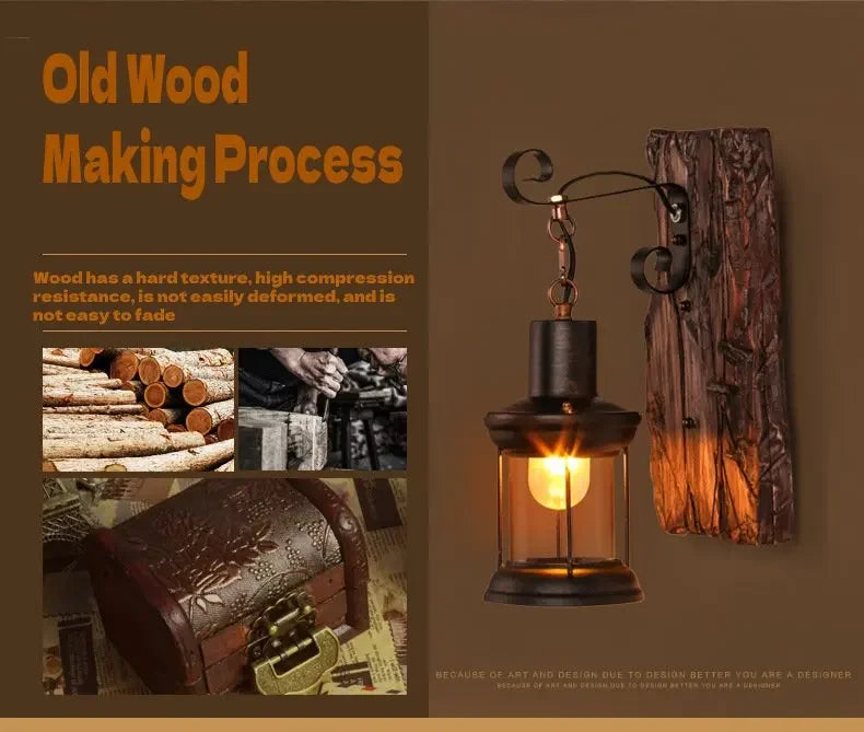 Antike Industrie-Wandleuchte aus Holz & Eisen – Rustikale Wandlampe