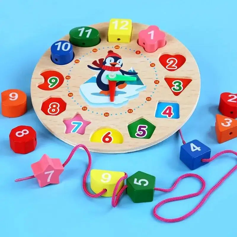 Montessori Holzuhr mit Zahlen & Pinguinmotiv – Lernspielzeug zum Uhrlesen & Farben-Sortieren für Kinder ab 3 Jahren