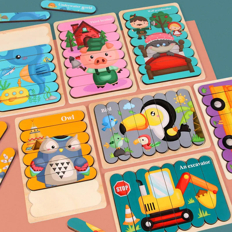 Doppelseitiges Holzpuzzle mit Cartoon-Tieren – Montessori Lernspielzeug für Kinder ab 3 Jahren
