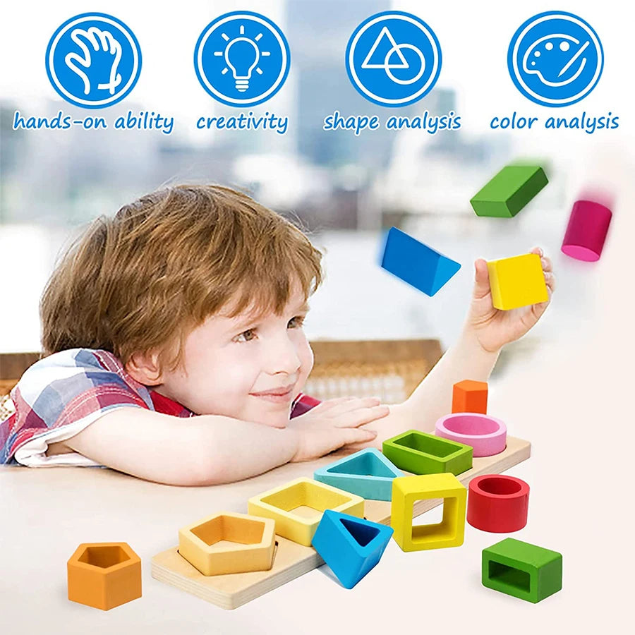 Montessori Holz-Geometriespielzeug – Buntes Stapel- & Sortierspielzeug für Kleinkinder & Vorschulkinder ab 3 Jahren