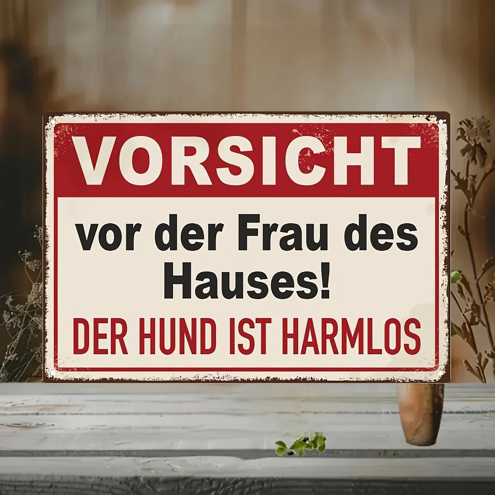 Witziges Metall-Wandschild – „Vorsicht vor der Frau des Hauses, der Hund ist harmlos“ – Retro