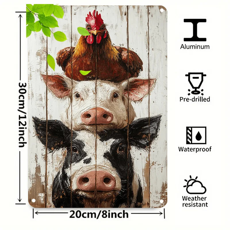 Bauernhof Retro Hahn & Schwein Aluminium-Wandschild – Vintage