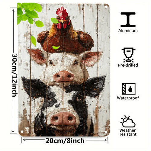 Bauernhof Retro Hahn & Schwein Aluminium-Wandschild – Vintage