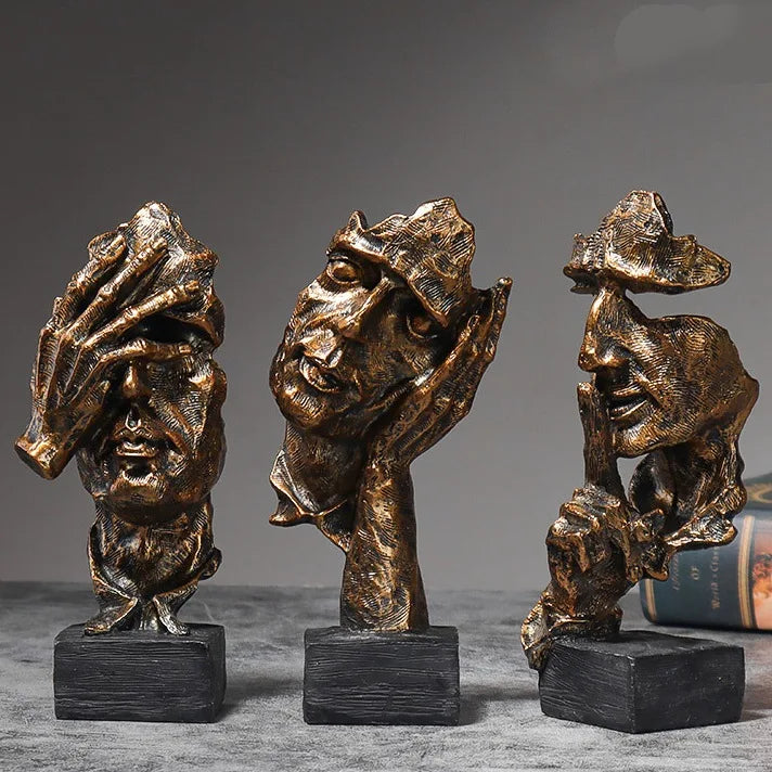 3er-Set Abstrakte Skulpturen „Schweigen ist Gold“ – 16 cm Resin