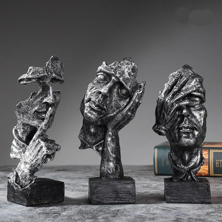 3er-Set Abstrakte Skulpturen „Schweigen ist Gold“ – 16 cm Resin