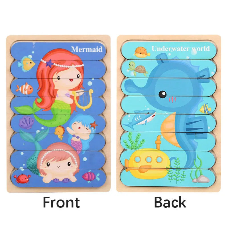 Doppelseitiges Holzpuzzle mit Cartoon-Tieren – Montessori Lernspielzeug für Kinder ab 3 Jahren