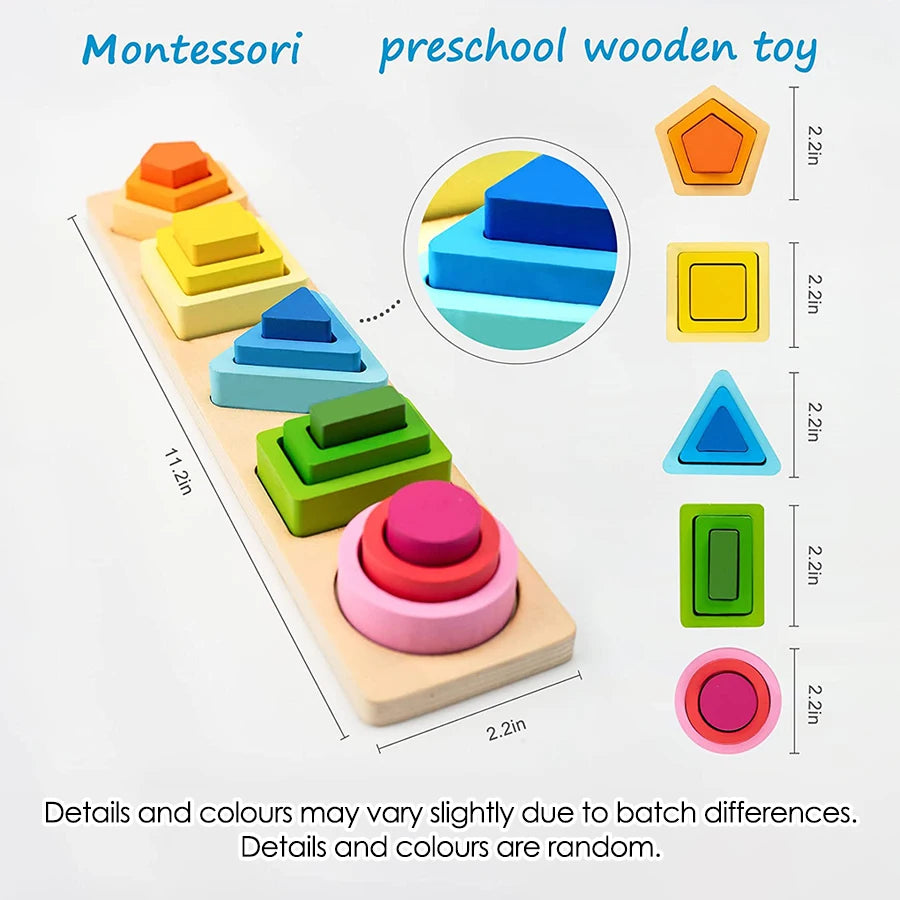 Montessori Holz-Geometriespielzeug – Buntes Stapel- & Sortierspielzeug für Kleinkinder & Vorschulkinder ab 3 Jahren