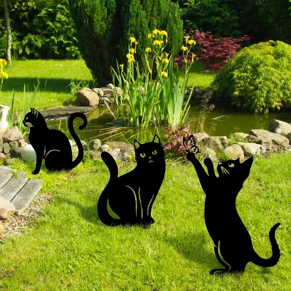 Tiki-inspirierte Katzen-Familie Gartenstecker – Dekorative Katzen-Silhouetten