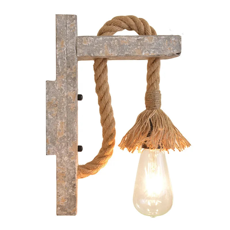 Retro Wandlampe aus Holz & Hanfseil – E27 Edison-Fassung