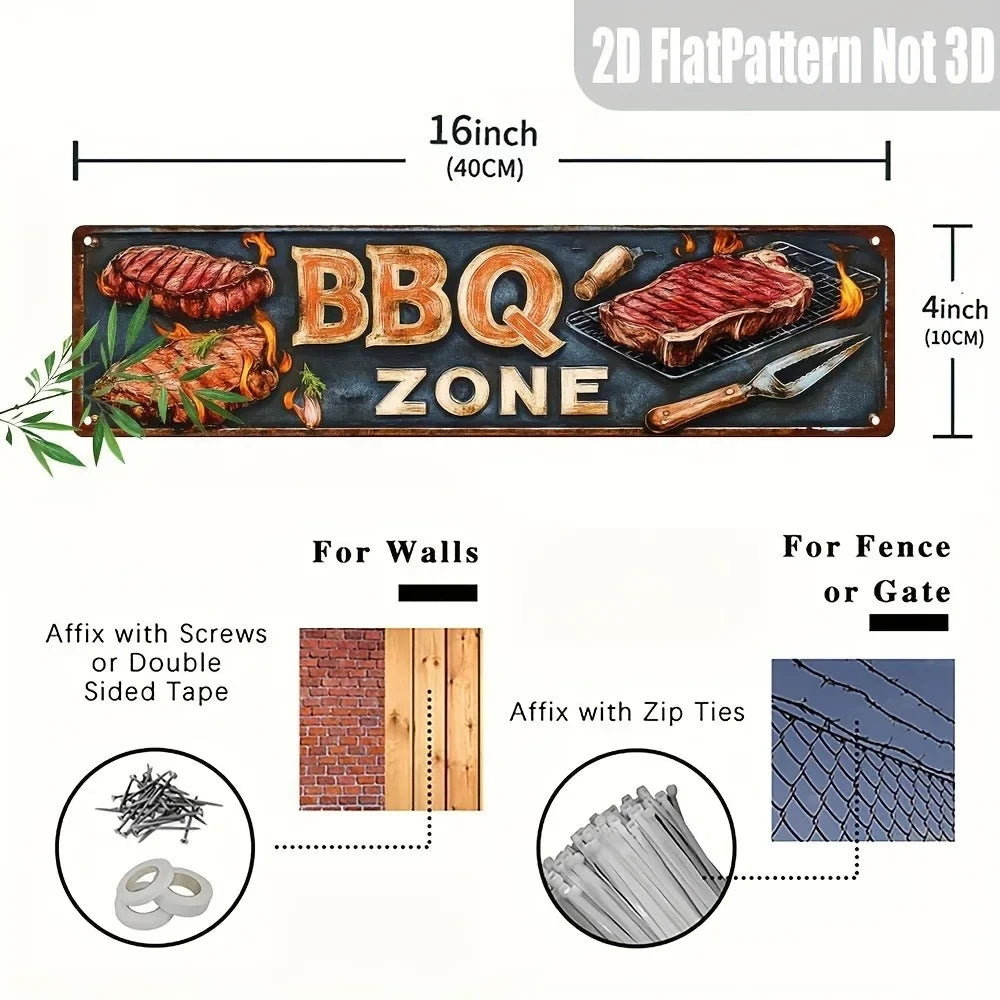 Retro BBQ Zone Metal Sign - Vintage Metal Wall Decor