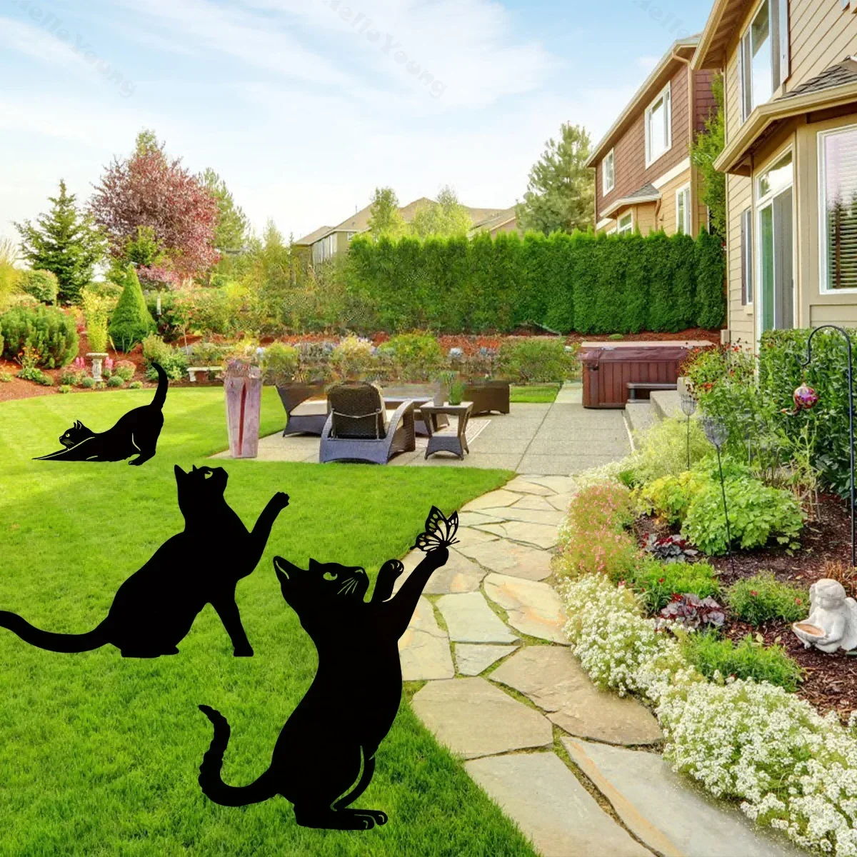 Tiki-inspirierte Katzen-Familie Gartenstecker – Dekorative Katzen-Silhouetten