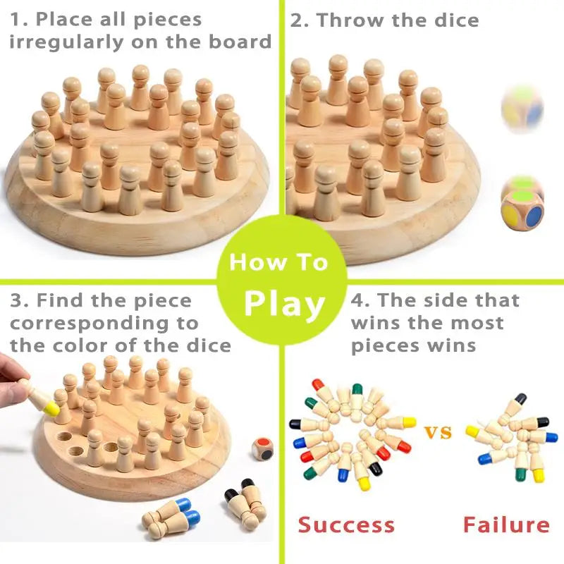 Montessori Gedächtnisschach aus Holz – Farblernspiel mit Würfel & Spielsteinen für Kinder ab 3 Jahren
