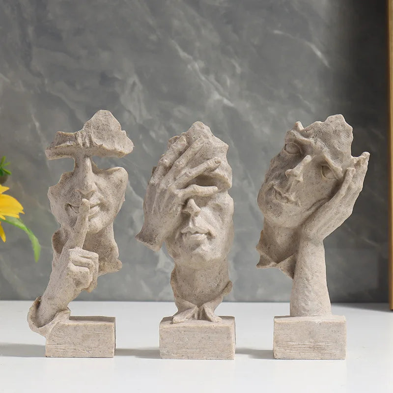 3er-Set Abstrakte Skulpturen „Schweigen ist Gold“ – 16 cm Resin