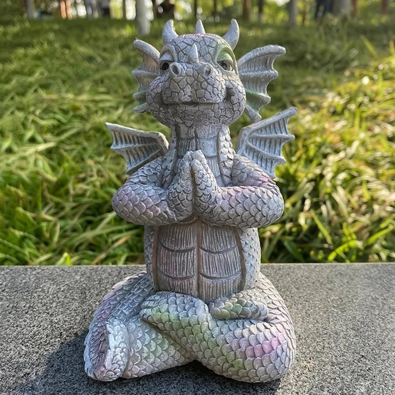 Drachen Meditations-Statue mit LED-Beleuchtung Harz-Ornament Dinosaurier-Skulptur Garten Außendekoration