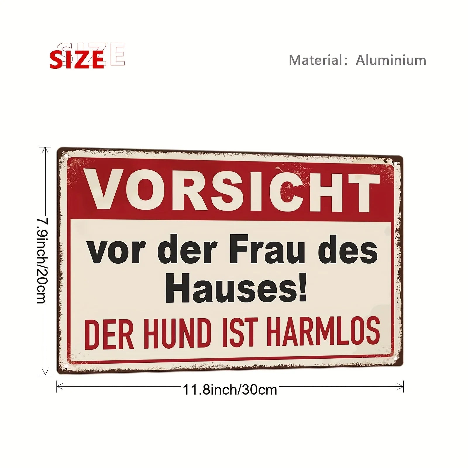 Witziges Metall-Wandschild – „Vorsicht vor der Frau des Hauses, der Hund ist harmlos“ – Retro