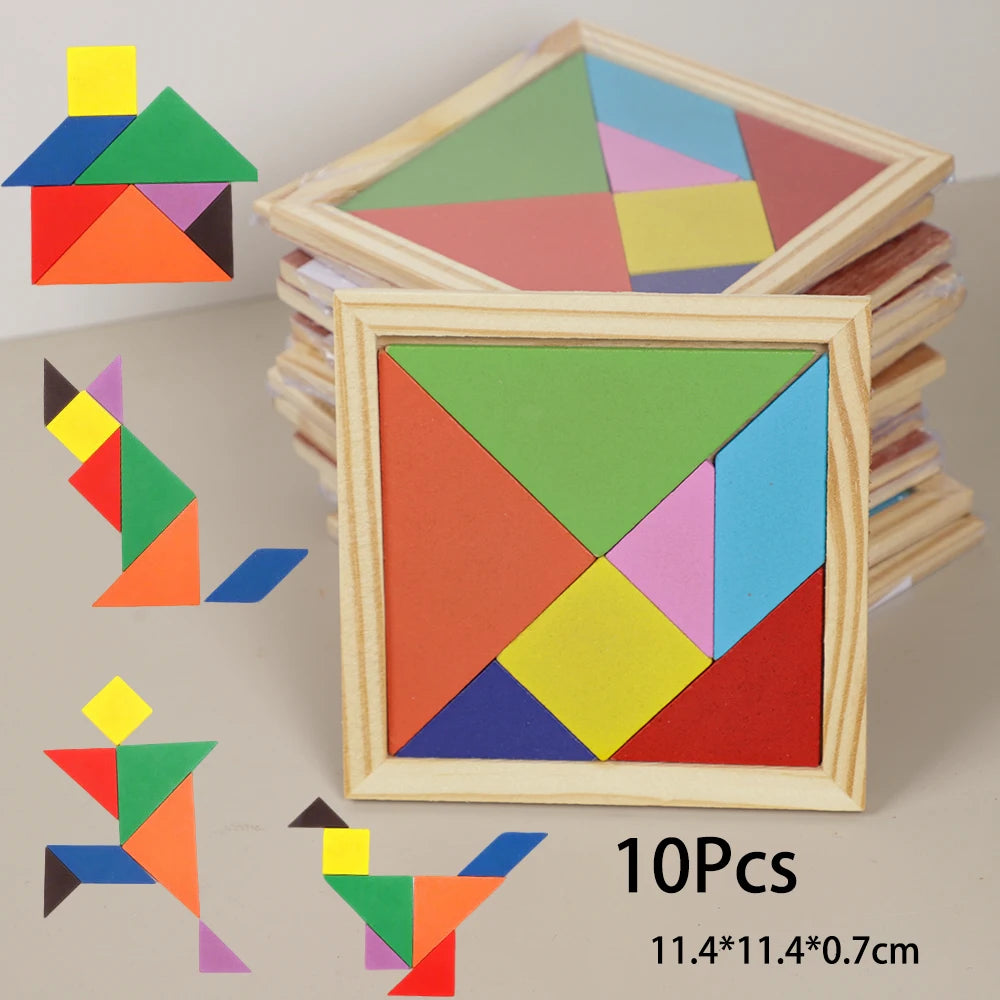 10er-Set Bunte Holz-Tangram-Puzzles – Pädagogisches Lernspielzeug als Mitgebsel für Kindergarten & Kindergeburtstag