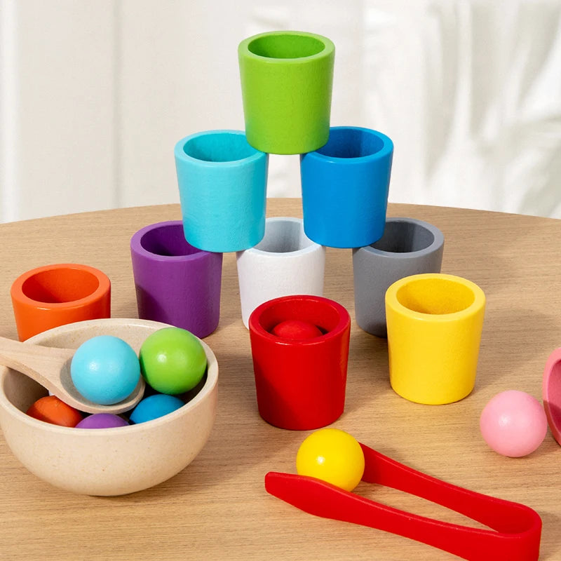 Montessori Holz-Farbsortierspiel mit Bechern & Perlen – Kognitives Lernspielzeug für Kinder ab 3 Jahren