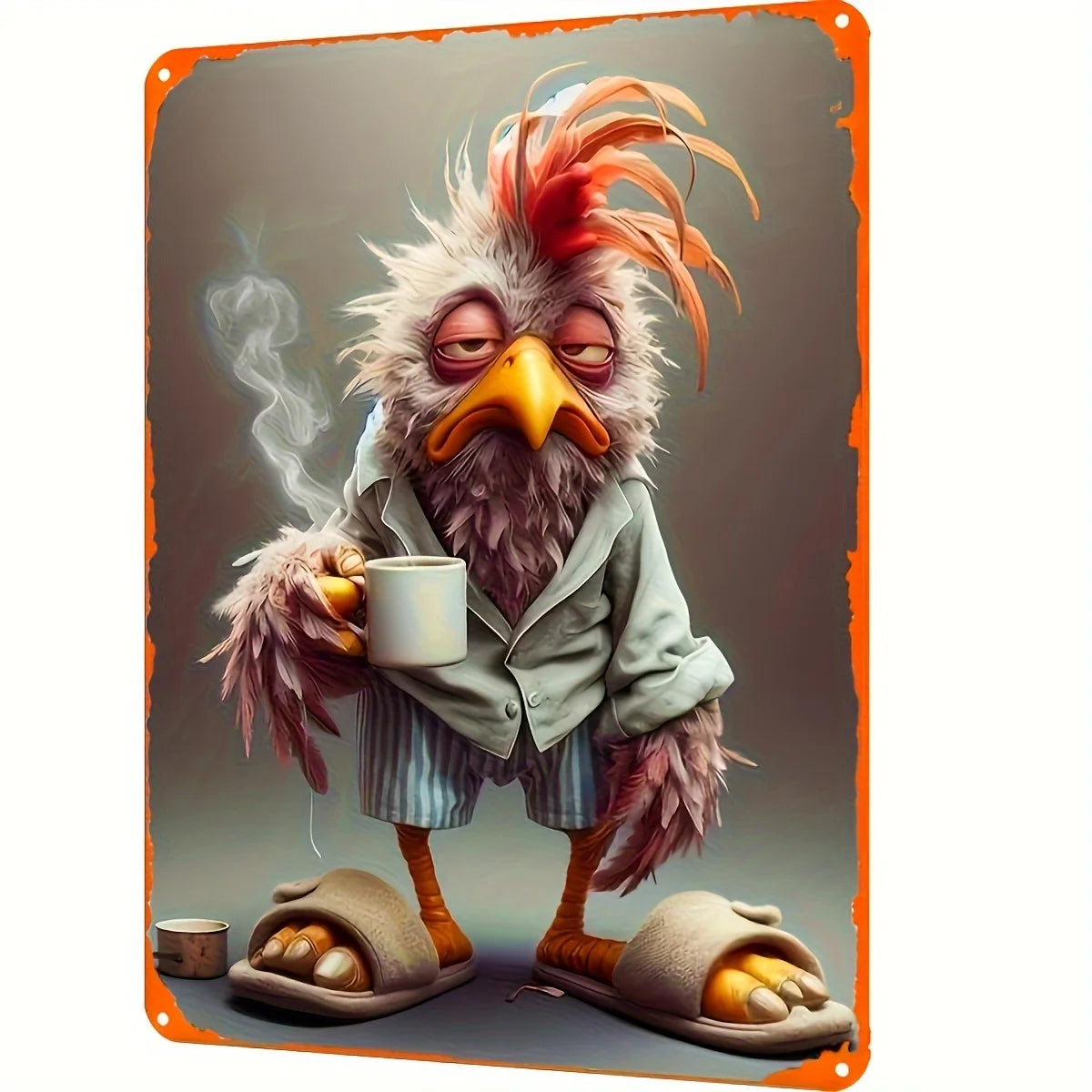 Vintage Huhn in Hausschuhen & Tasse Blechschild – Retro Wanddeko