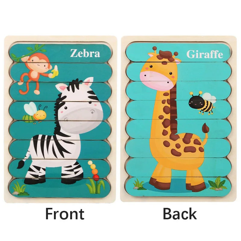 Doppelseitiges Holzpuzzle mit Cartoon-Tieren – Montessori Lernspielzeug für Kinder ab 3 Jahren