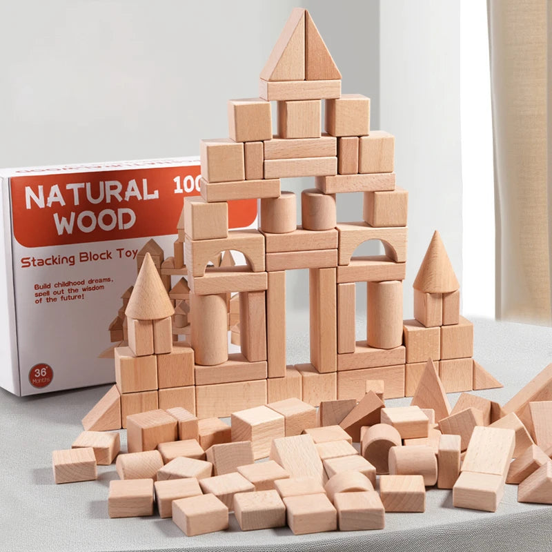 100-teilige klassische Holzbausteine – Kreatives Montessori Stapel- & Lernspielzeug für Kinder ab 4 Jahren