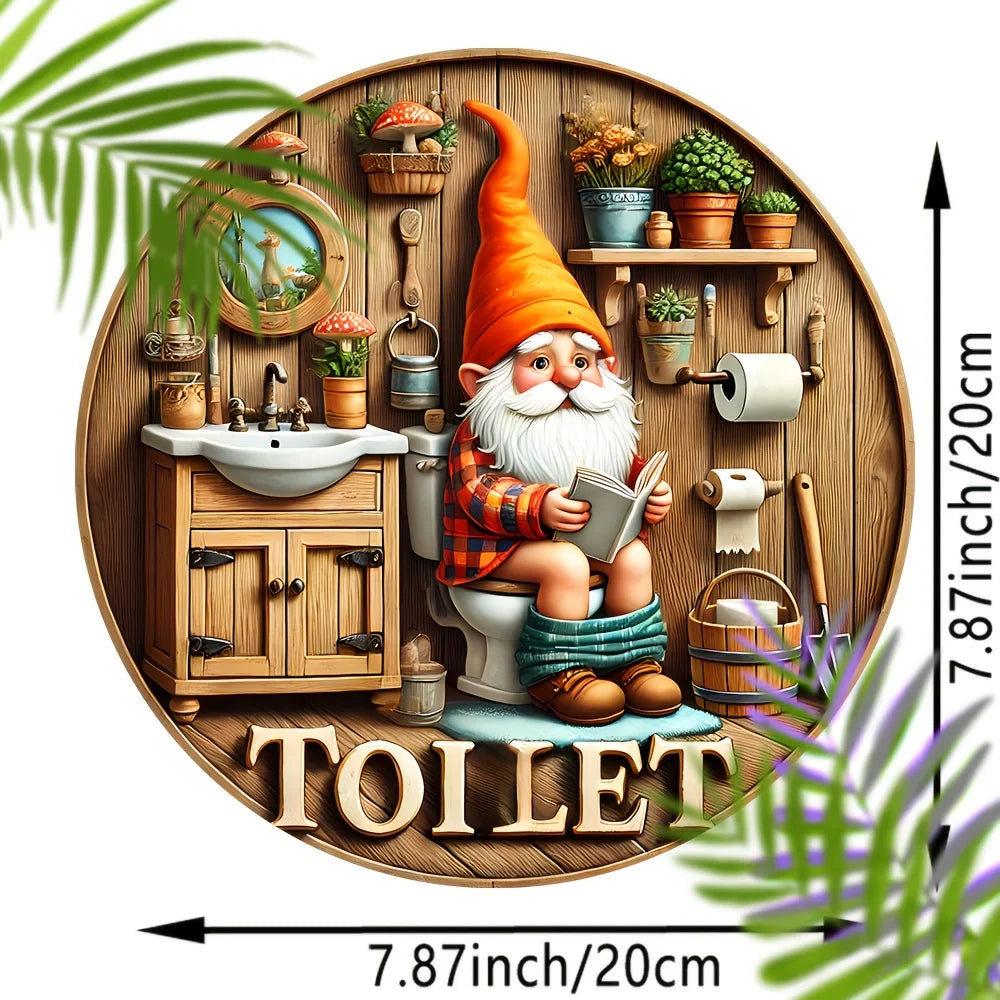 Runde Holz-Dekoplatte mit Gartenzwerg-Motiv – Türschild Bad