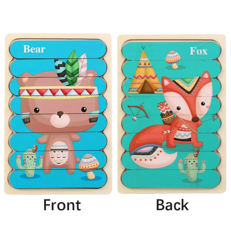 Doppelseitiges Holzpuzzle mit Cartoon-Tieren – Montessori Lernspielzeug für Kinder ab 3 Jahren