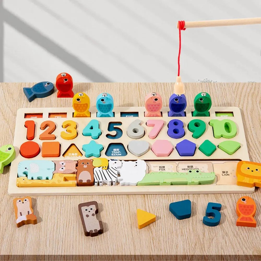 Montessori 4-in-1 Holz Busy Board – Angelspiel, Formen & Zahlen (ab 4 Jahre)