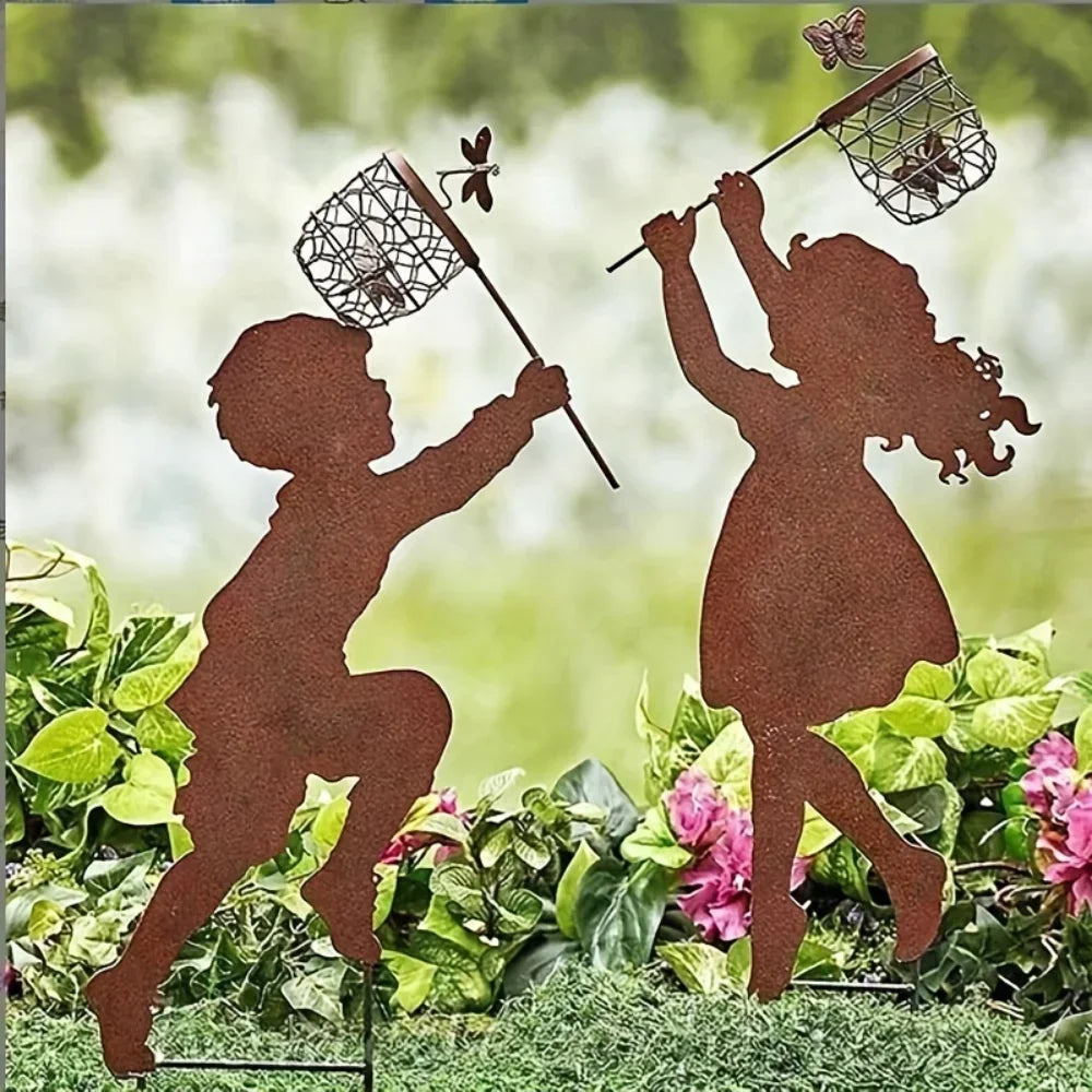 Charmante Metall-Silhouette Gartendekoration Farmhaus-Stil Junge und Mädchen