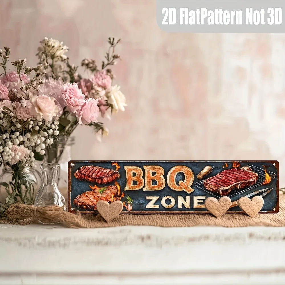 Retro BBQ Zone Metal Sign - Vintage Metal Wall Decor