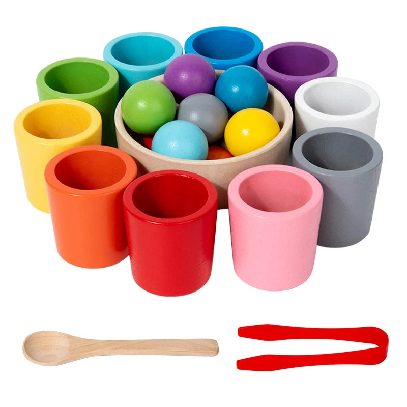 Montessori Holz-Farbsortierspiel mit Bechern & Perlen – Kognitives Lernspielzeug für Kinder ab 3 Jahren