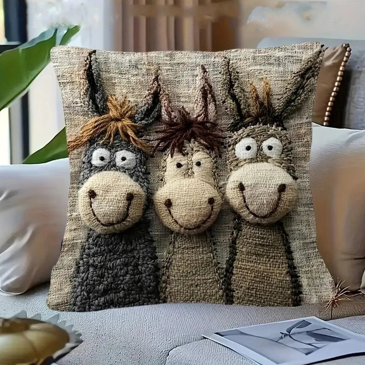 Lachender Esel Kissenbezug aus Plüsch – Witziger Cartoon-Kissenbezug für Sofa & Bett (45 cm)