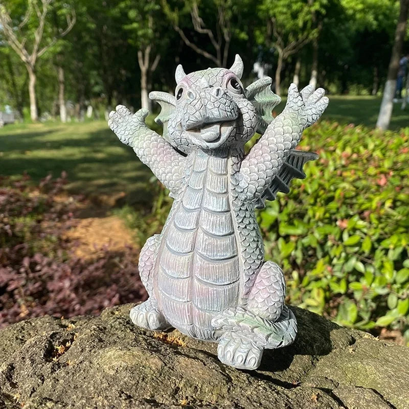 Drachen Meditations-Statue mit LED-Beleuchtung Harz-Ornament Dinosaurier-Skulptur Garten Außendekoration