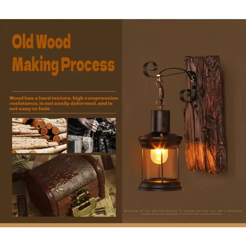 Antike Industrie-Wandleuchte aus Holz & Eisen – Rustikale Wandlampe