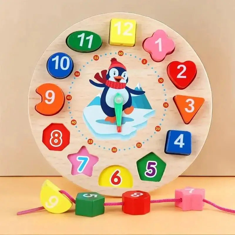 Montessori Holzuhr mit Zahlen & Pinguinmotiv – Lernspielzeug zum Uhrlesen & Farben-Sortieren für Kinder ab 3 Jahren