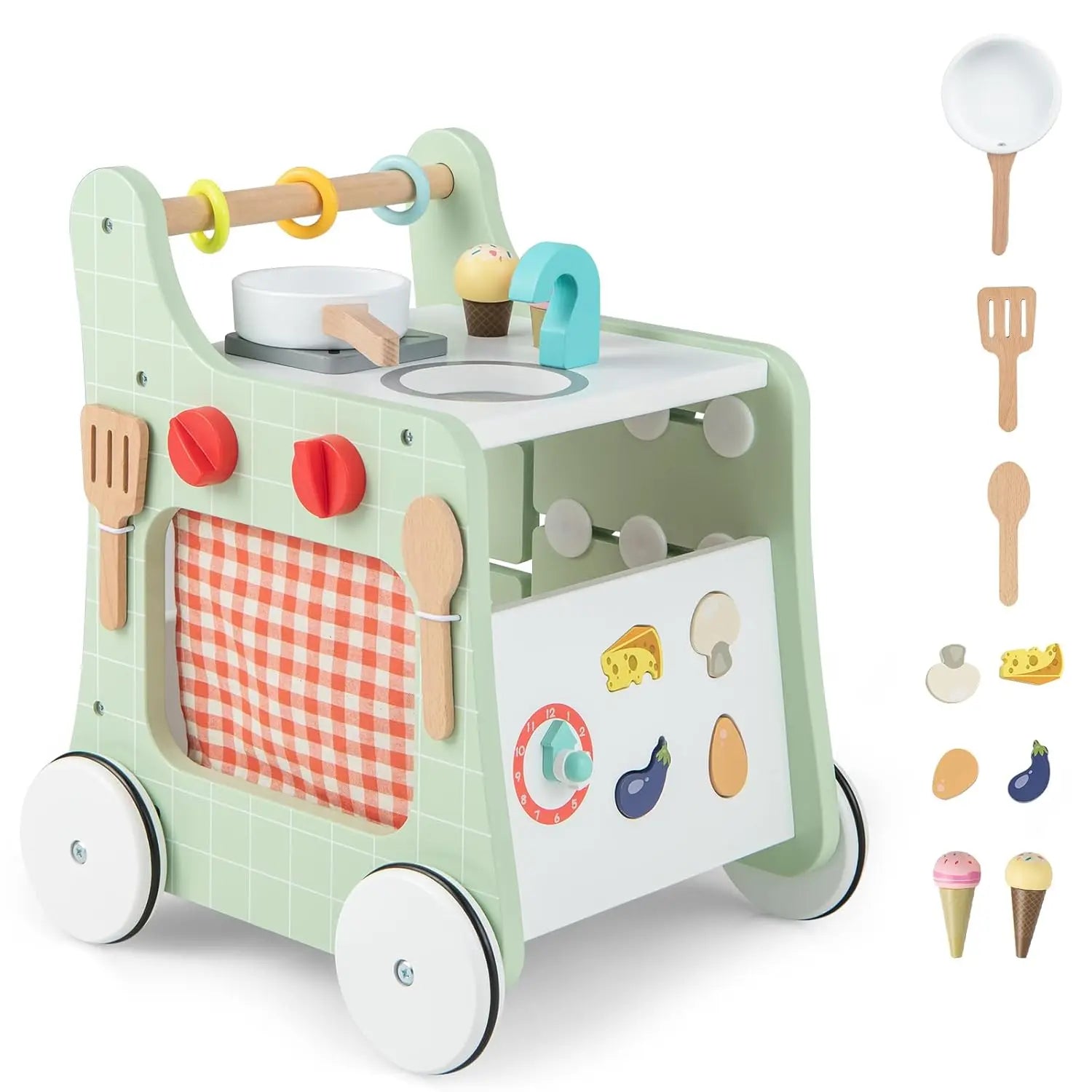6-in-1 Holz Lauflernwagen mit Spielküche – Lernuhr, Formen & Schieber (ab 12 Monate)