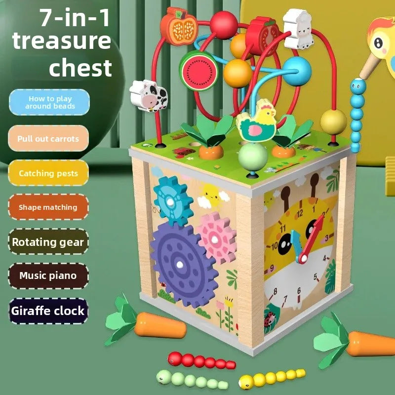 Montessori Holz Perlen-Labyrinth-Würfel – Multifunktionales Lernspielzeug mit Xylophon & Uhr (3–12 Jahre)