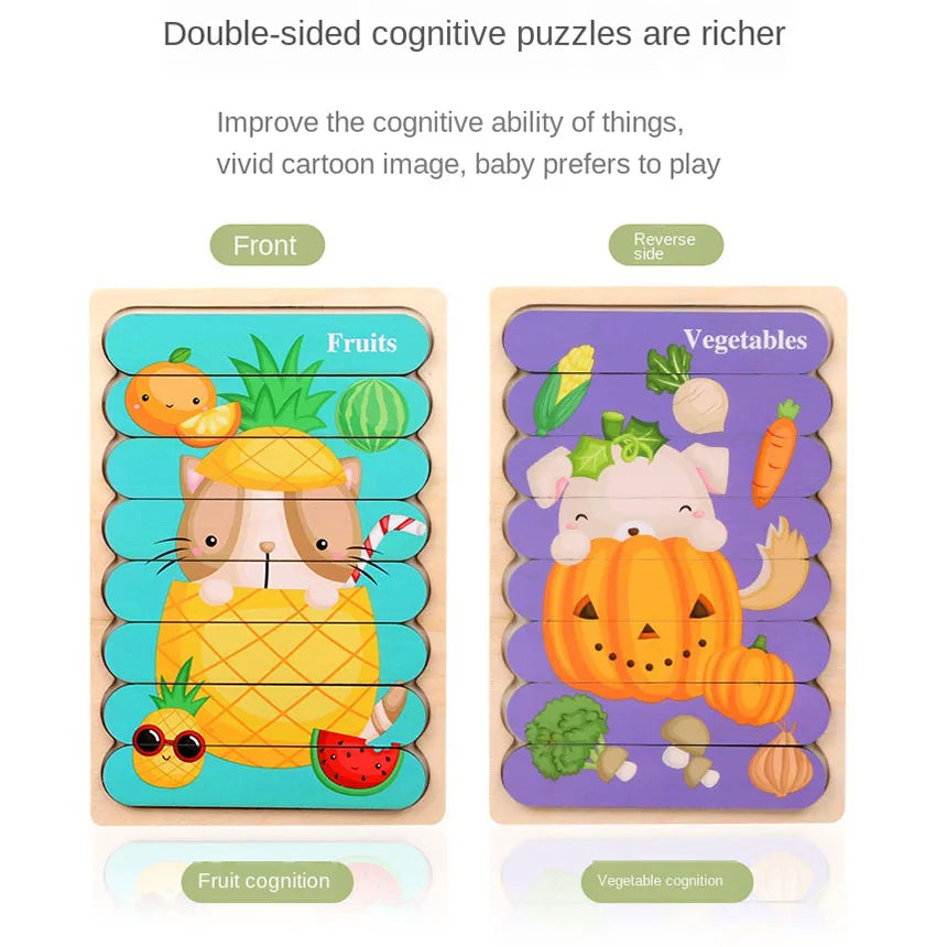 Doppelseitiges Holzpuzzle mit Cartoon-Tieren – Montessori Lernspielzeug für Kinder ab 3 Jahren