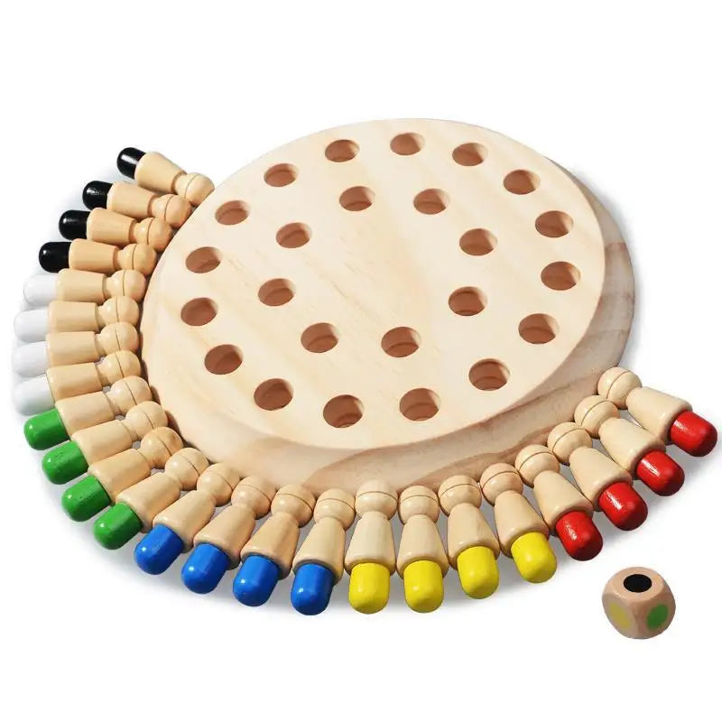 Montessori Gedächtnisschach aus Holz – Farblernspiel mit Würfel & Spielsteinen für Kinder ab 3 Jahren