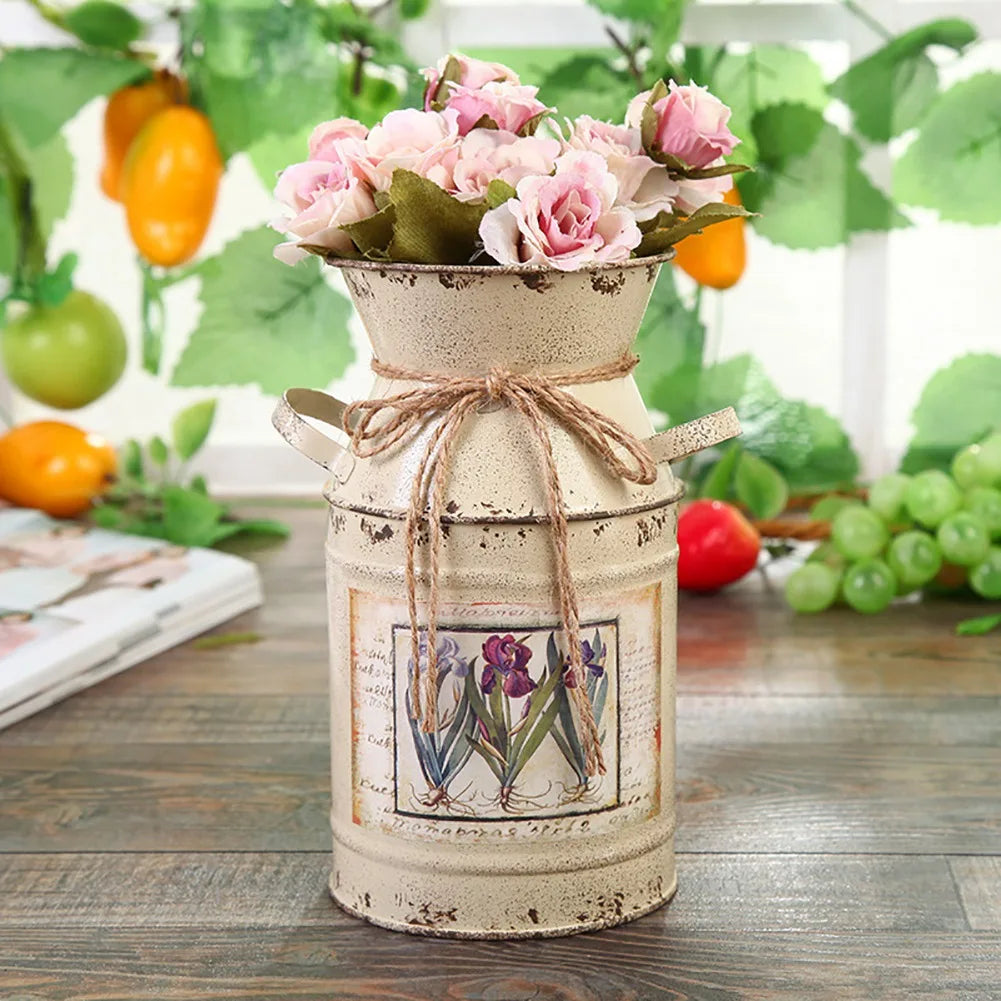 Vintage Blumenvase aus Eisen – Landhausstil Dekoeimer Beige (10x10x19 cm)