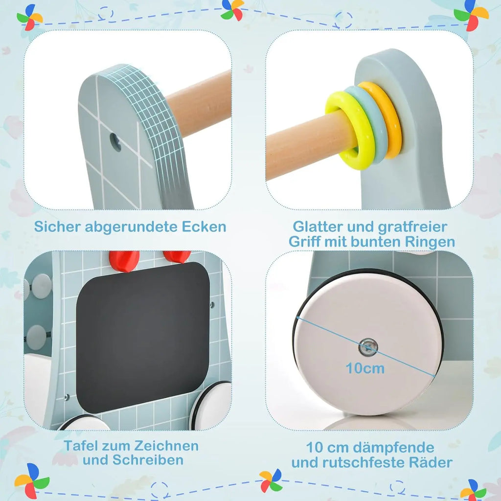 6-in-1 Holz Lauflernwagen mit Spielküche – Lernuhr, Formen & Schieber (ab 12 Monate)