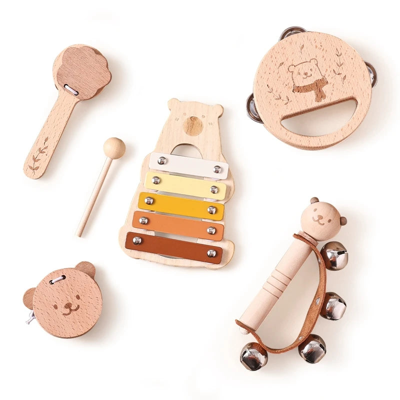 5-teiliges Montessori Musikspielzeug-Set aus Holz – Baby-Musikinstrumente mit Bären-Xylophon für Kinder von 0–6 Jahren
