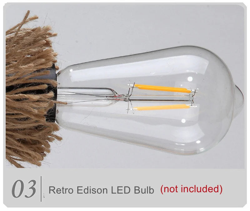Retro Wandlampe aus Holz & Hanfseil – E27 Edison-Fassung