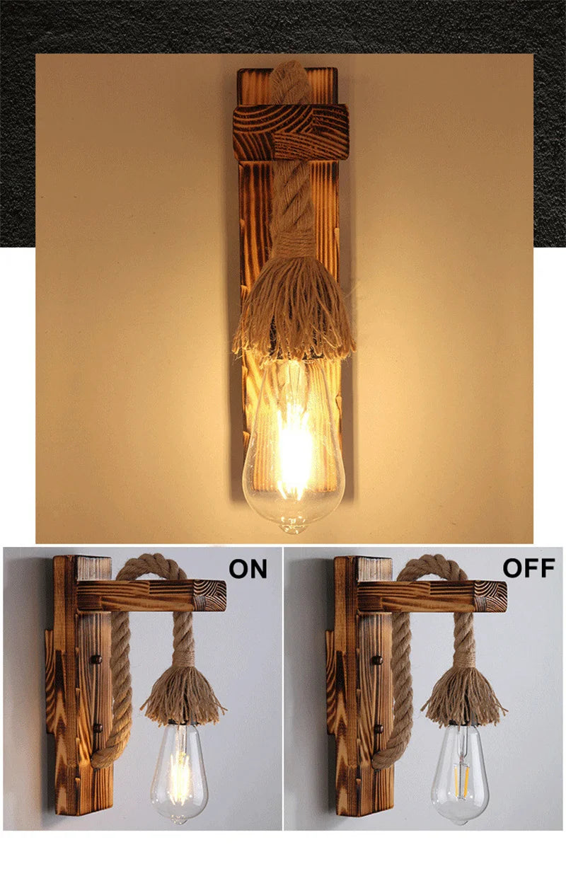 Retro Wandlampe aus Holz & Hanfseil – E27 Edison-Fassung