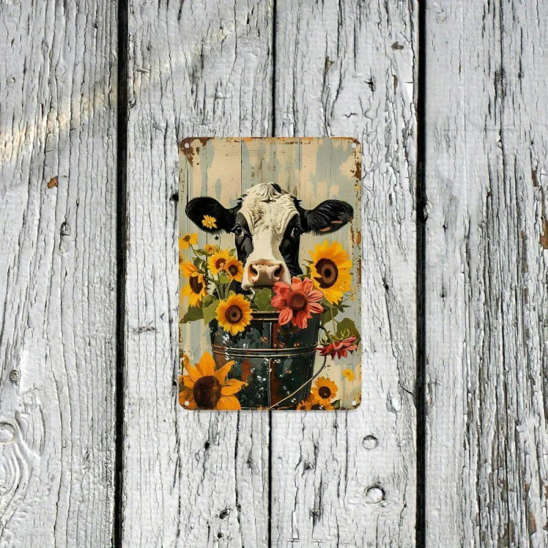 Vintage Kuh & Sonnenblumen Metallschild – Rustikale Wanddeko