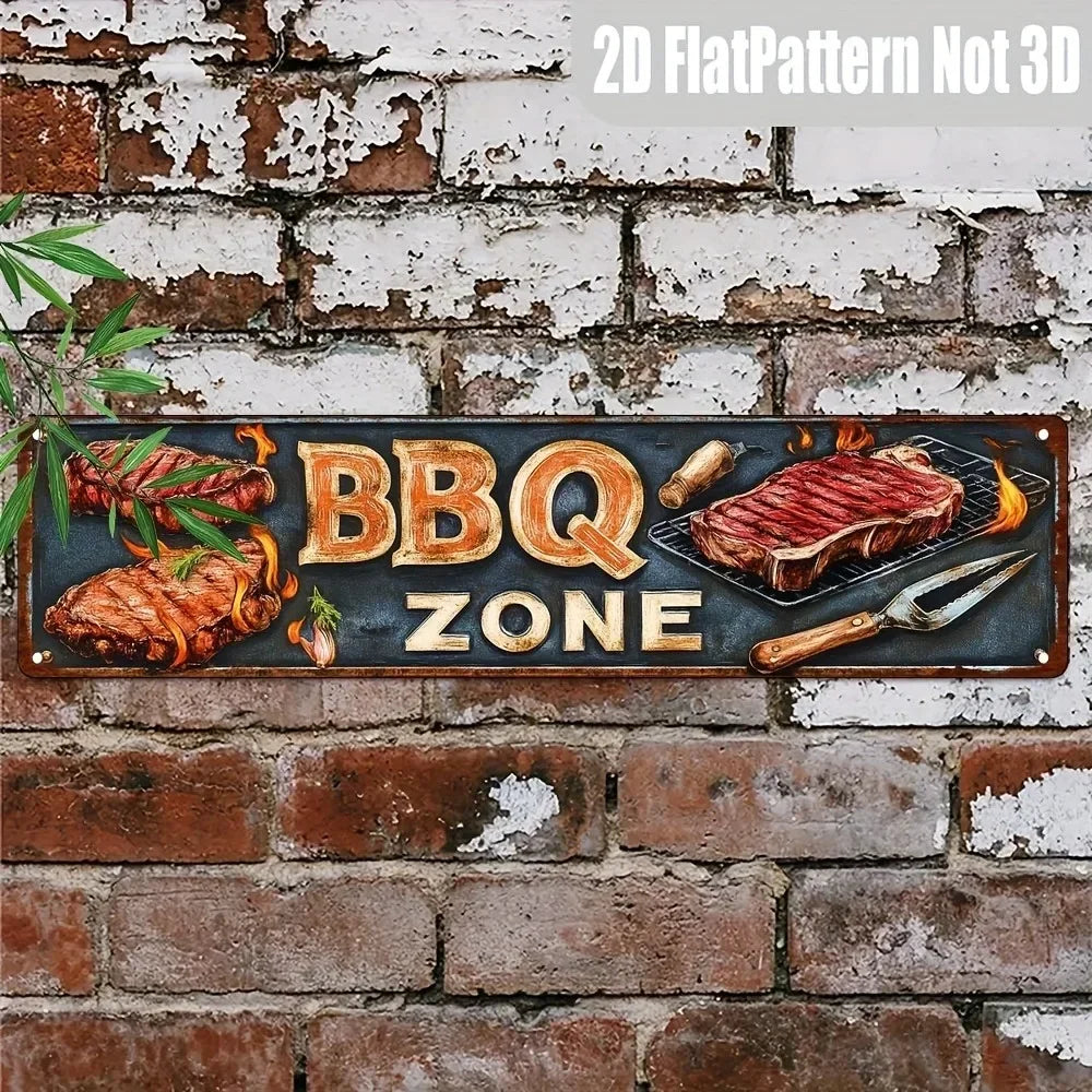 Retro BBQ Zone Metal Sign - Vintage Metal Wall Decor