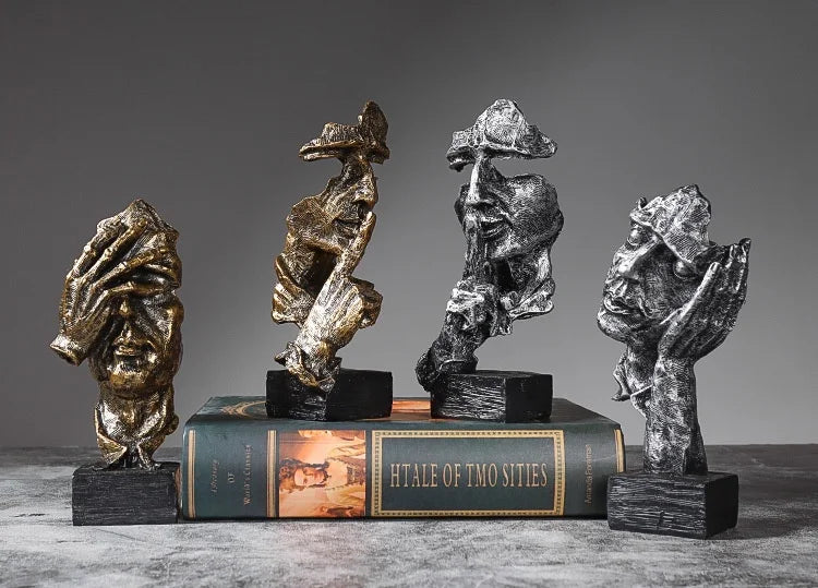 3er-Set Abstrakte Skulpturen „Schweigen ist Gold“ – 16 cm Resin