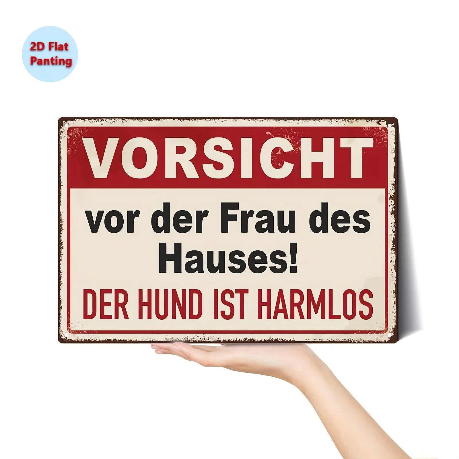 Witziges Metall-Wandschild – „Vorsicht vor der Frau des Hauses, der Hund ist harmlos“ – Retro