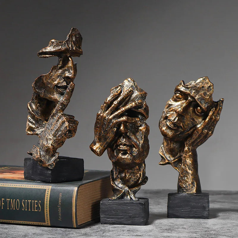 3er-Set Abstrakte Skulpturen „Schweigen ist Gold“ – 16 cm Resin