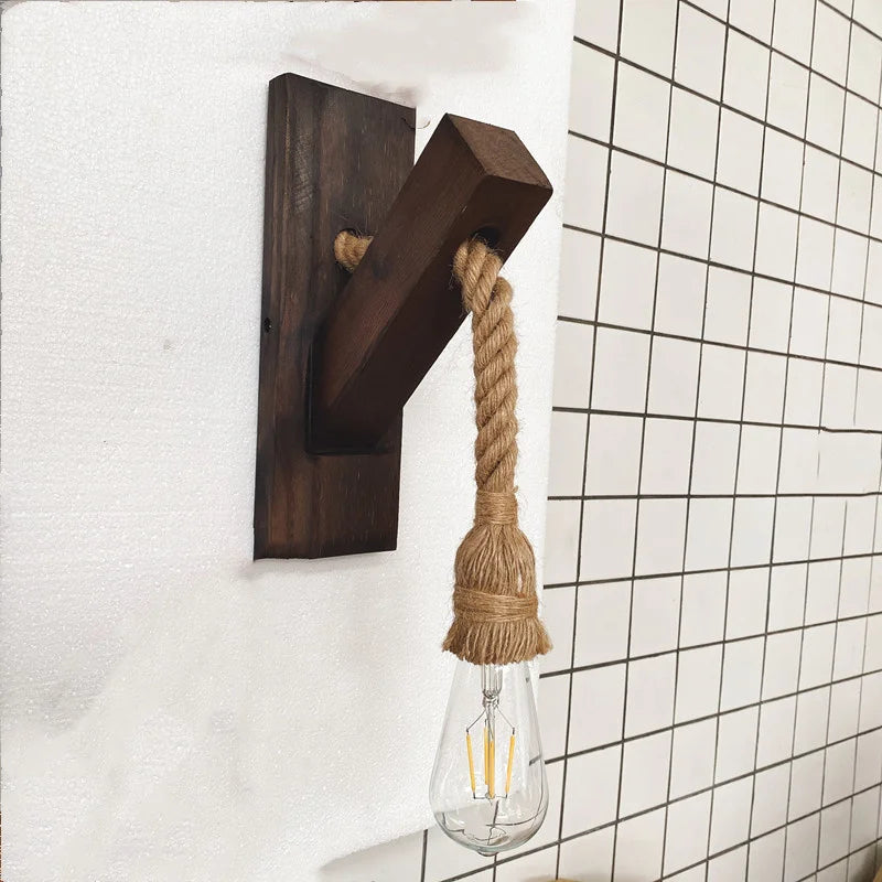 Retro Wandlampe aus Holz & Hanfseil – E27 Edison-Fassung