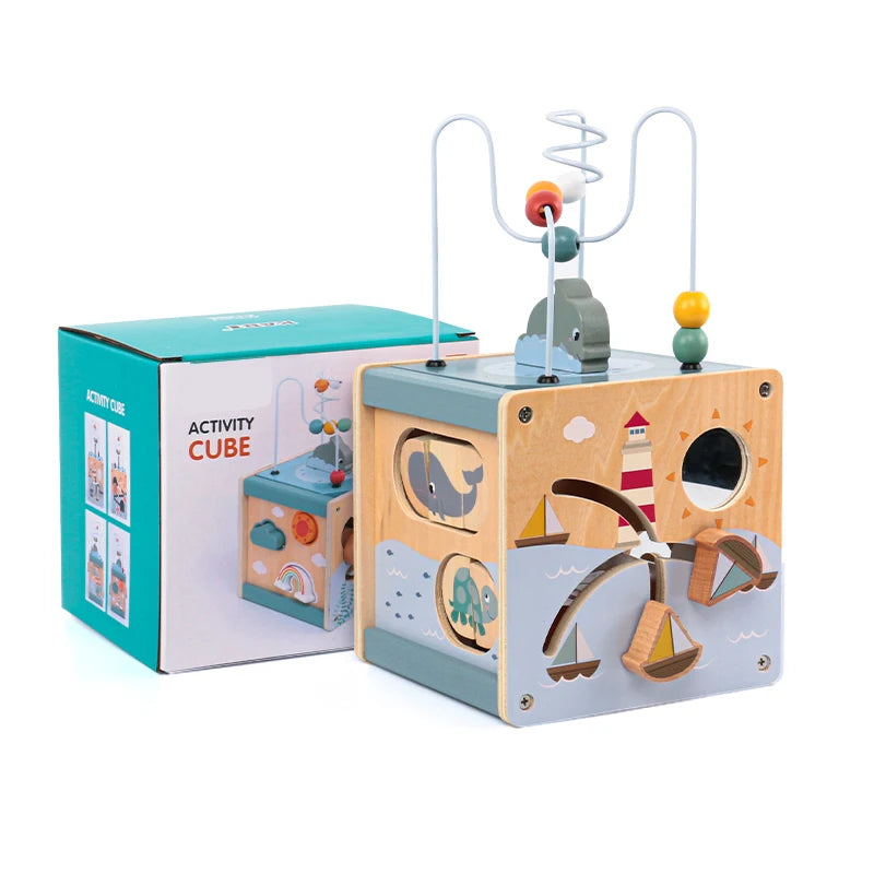 5-in-1 Montessori Aktivitätswürfel aus Holz – Ocean Game Box mit Perlenlabyrinth, Formensortierer & Meerestier-Puzzle ab 3 Jahren